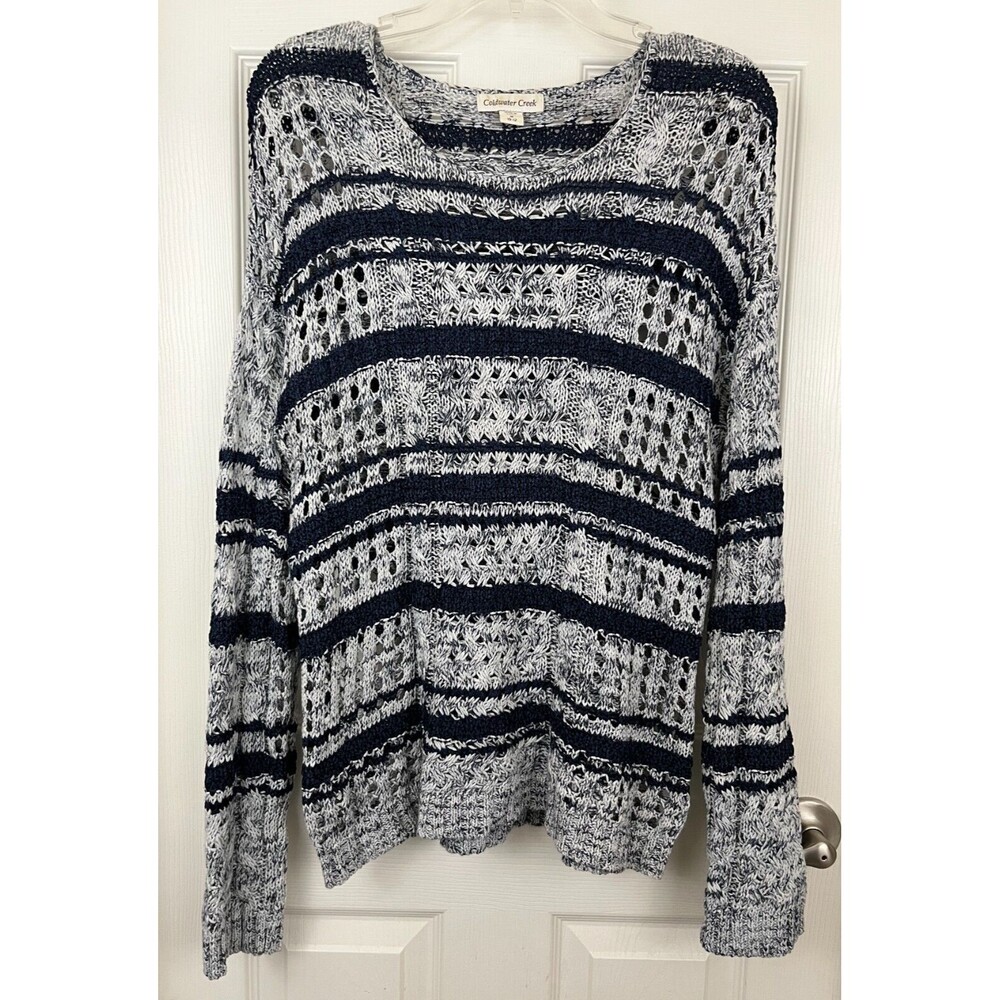 COLDWATER CREEK - Gray Stripe Long Sleeve Open Weave Cable Knit Sweater Medium